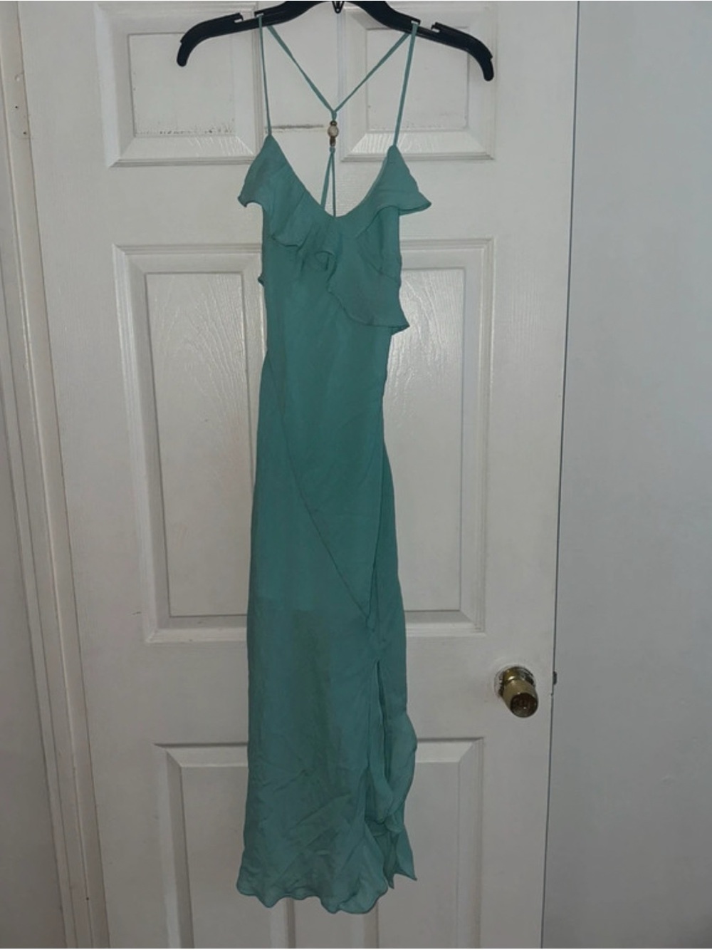 Source Unknown Teal Ruffle Maxi Slip Dress with Spaghetti Straps